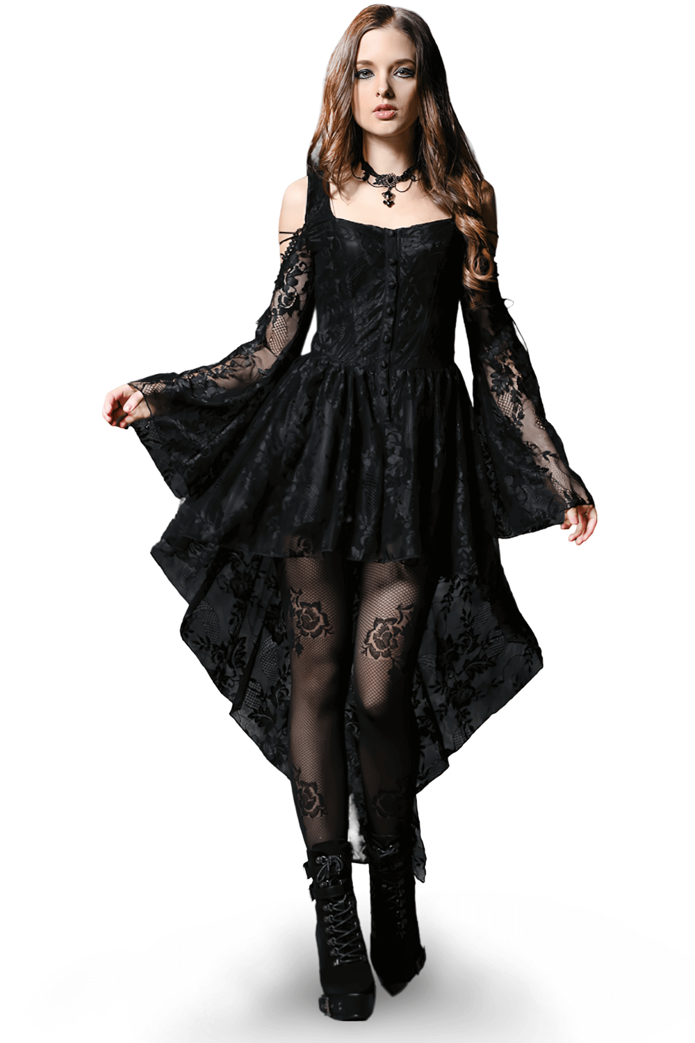 Gothic off-the-shoulder black lace dress with long sleeves and high-low hem, perfect for gothic style lovers.