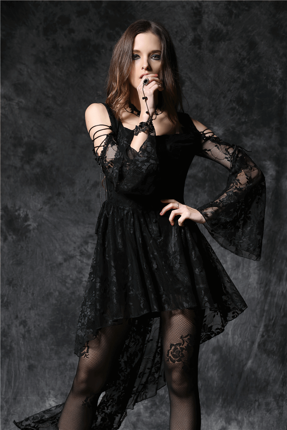 Gothic Off-the-Shoulder Lace Dress with Long Sleeves