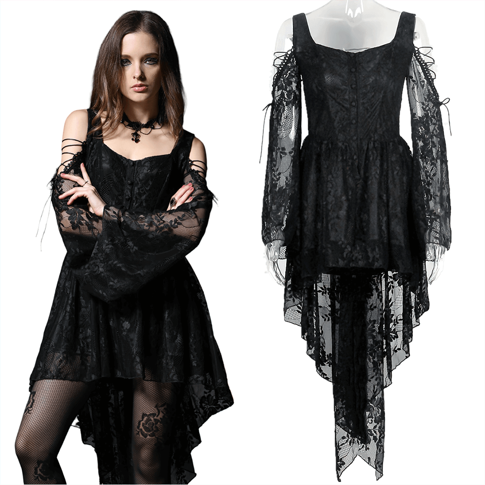 Gothic off-the-shoulder black lace dress with long sleeves and high-low hem, perfect for gothic fashion lovers.
