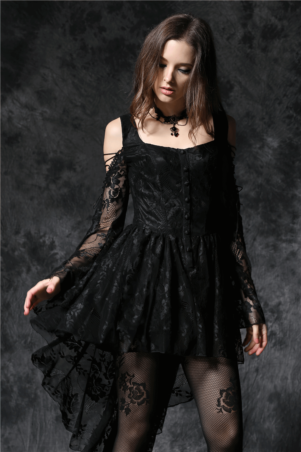 Gothic off-the-shoulder lace dress with high-low hem and long sleeves, perfect for adding vintage elegance to any outfit.