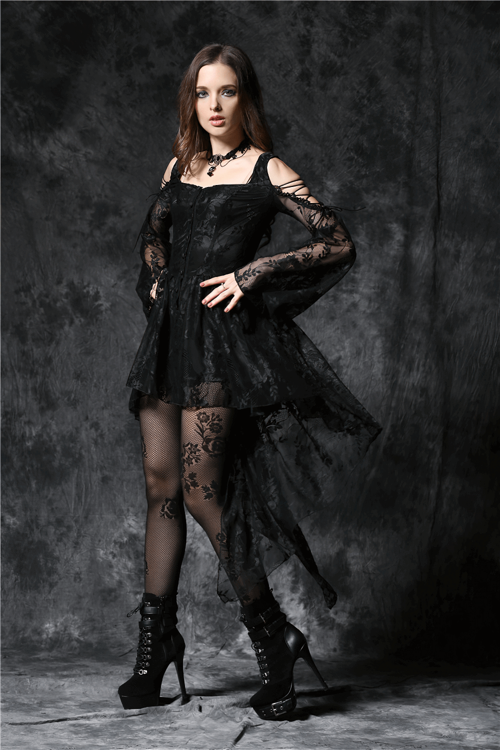 Gothic off-the-shoulder lace dress with long sleeves and high-low hem, perfect for a chic night out.