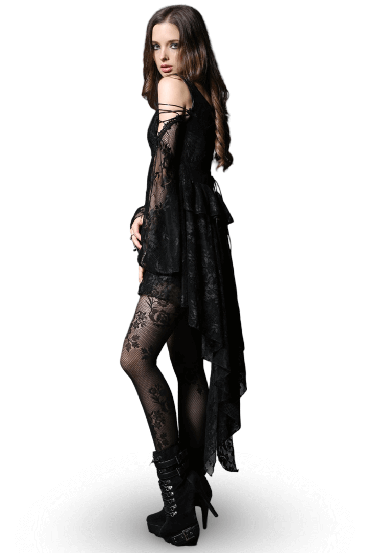 Gothic off-the-shoulder lace dress with long sleeves and high-low hem, perfect for a chic night out or special occasion.
