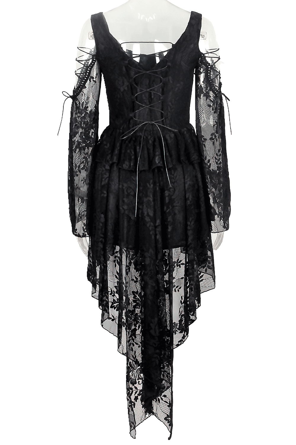 Gothic off-the-shoulder black lace dress with long sleeves and a high-low skirt, perfect for vintage elegance and modern chic.