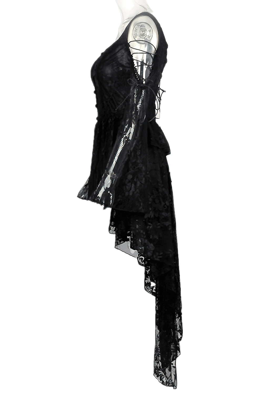Gothic off-the-shoulder lace dress with long sleeves and high-low hem, perfect for gothic elegance and special occasions.
