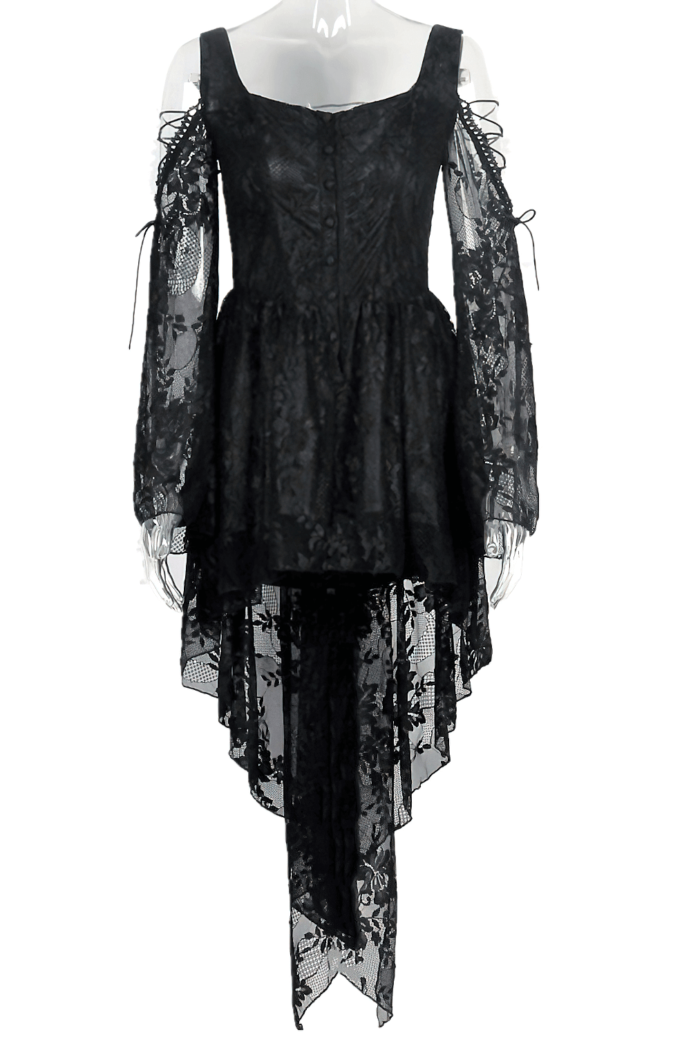 Gothic off-the-shoulder black lace dress with long sleeves and high-low hem for a dramatic look.