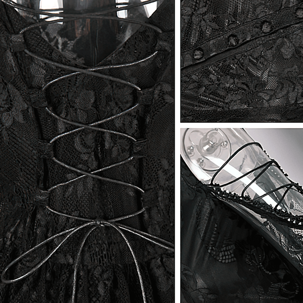 Close-up of gothic off-the-shoulder lace dress detailing, showcasing intricate lace and elegant lace-up design.