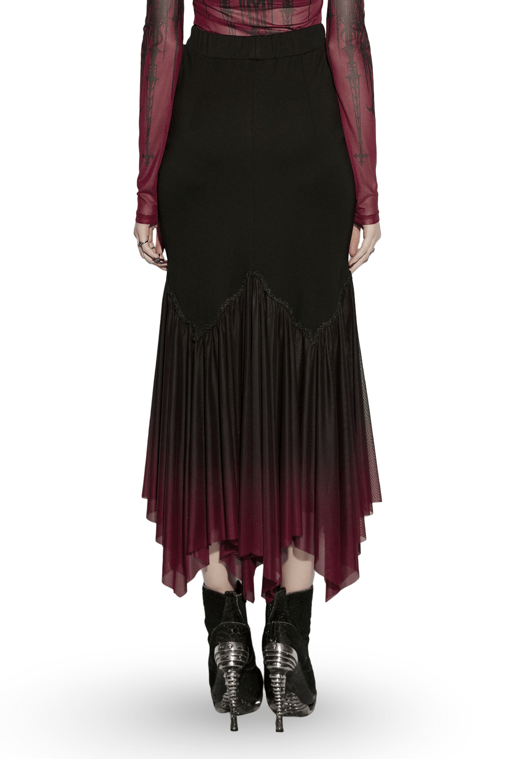 Gothic Ombre Mesh Mermaid Maxi Skirt for Women showcasing a dramatic gradient hem and edgy silhouette.