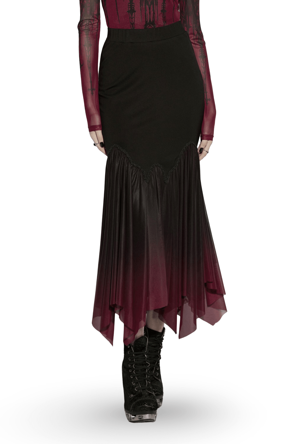 Gothic Ombre Mesh Mermaid Maxi Skirt for Women with a layered ombre mesh hem and fitted design creating a dark romantic silhouette.