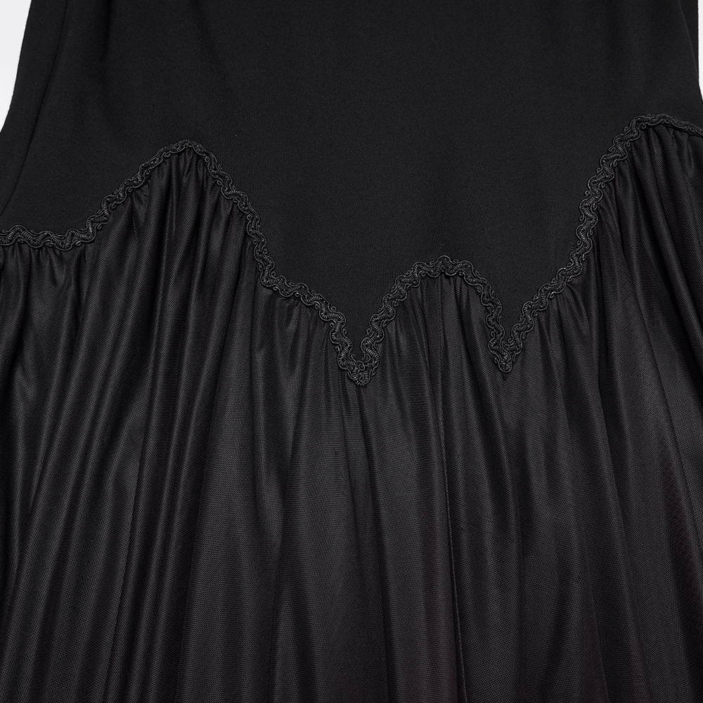 Gothic Ombre Mesh Mermaid Maxi Skirt for Women with textured black fabric and cascading ombre mesh hem.