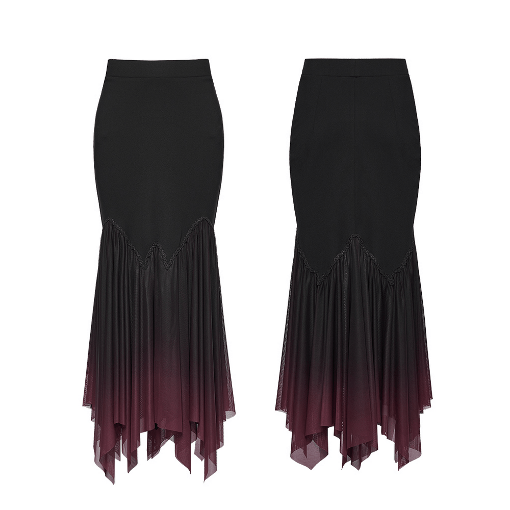 Gothic Ombre Mesh Mermaid Maxi Skirt for Women showcasing ombre mesh hem in black and burgundy.