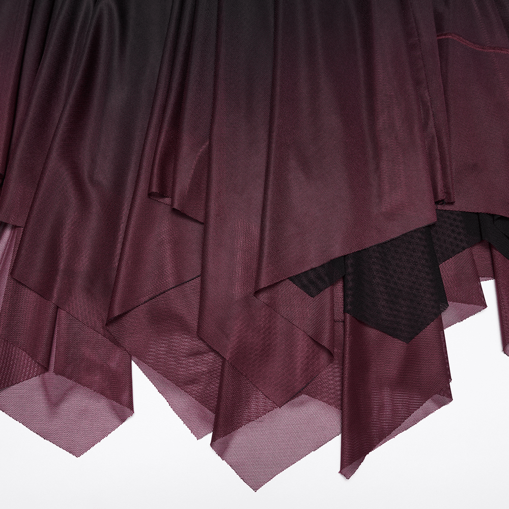 Close-up of the layered ombre mesh hem of the Gothic Ombre Mesh Mermaid Maxi Skirt for Women.