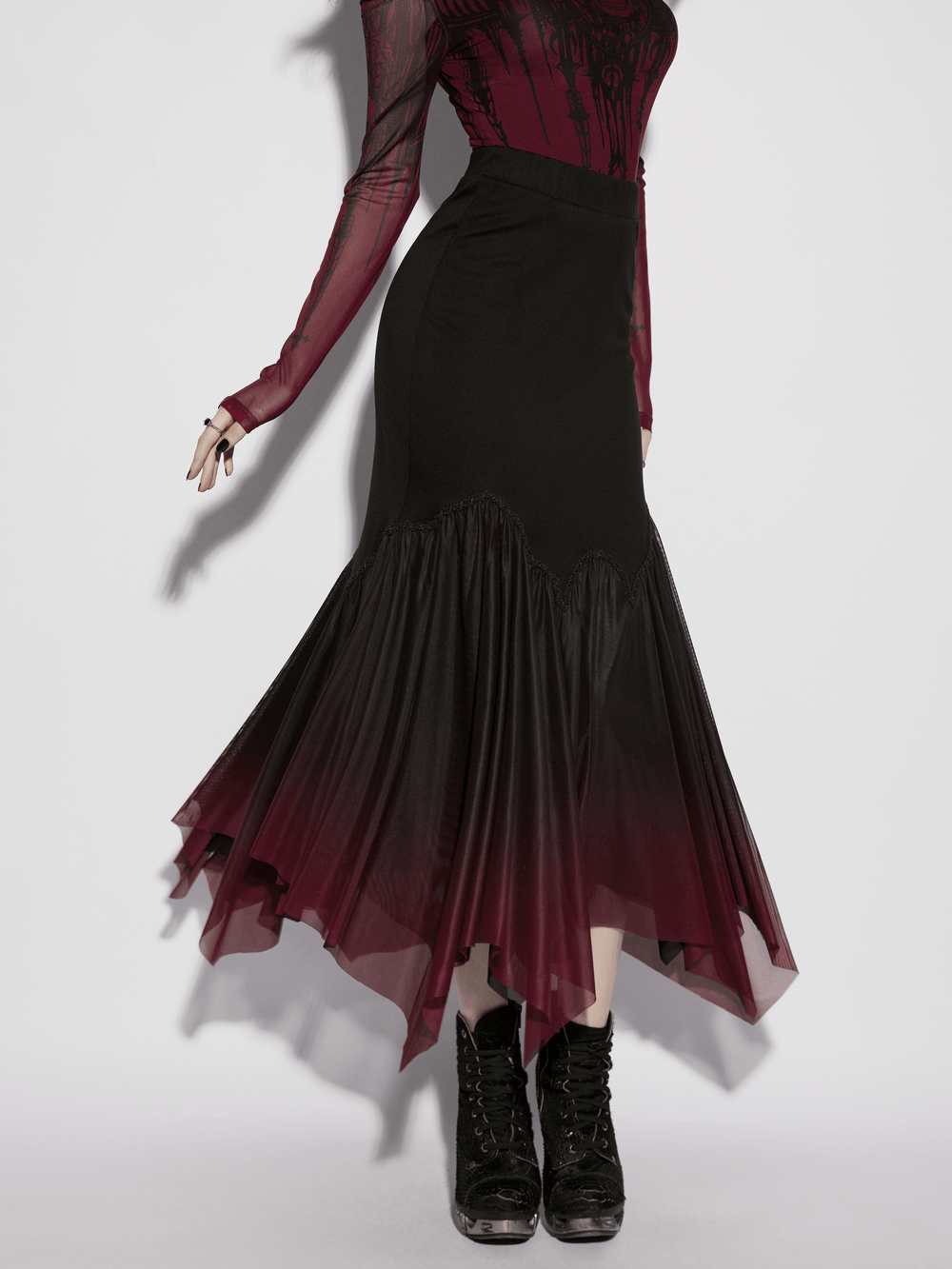 Gothic Ombre Mesh Mermaid Maxi Skirt for Women styled with a fitted top and dramatic layered ombre hem.