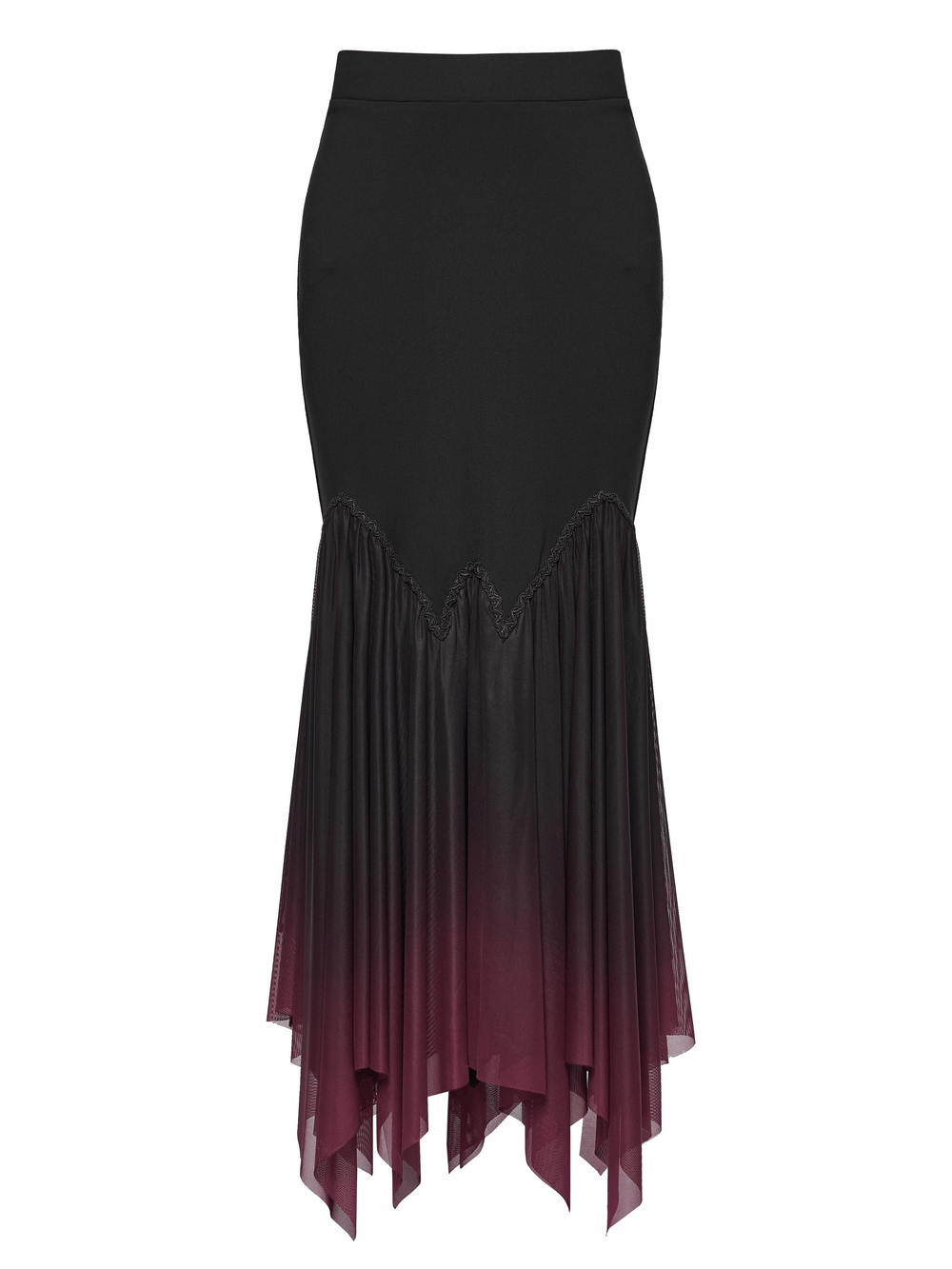 Gothic Ombre Mesh Mermaid Maxi Skirt for Women with a dramatic layered ombre hem and fitted design.