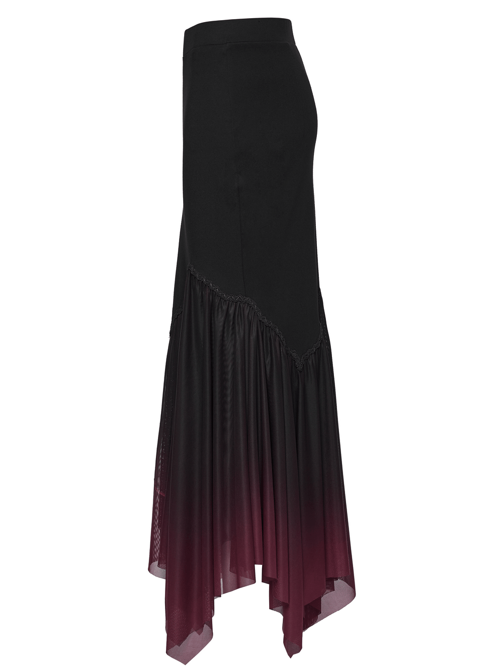 Gothic Ombre Mesh Mermaid Maxi Skirt for Women side view showcasing its dramatic ombre hem and fitted design.