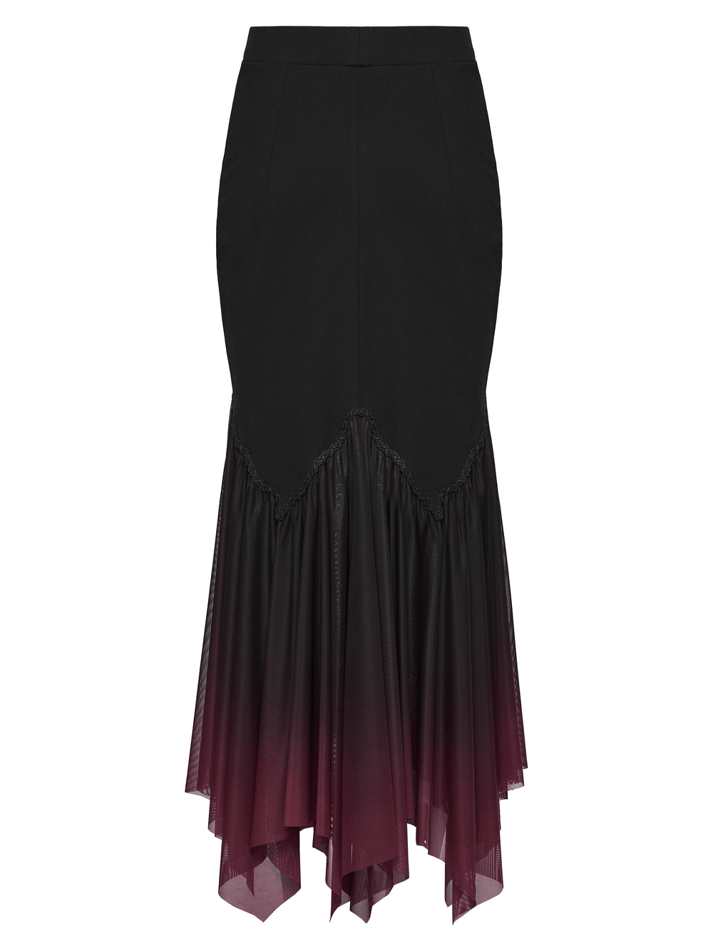Gothic Ombre Mesh Mermaid Maxi Skirt for Women with layered ombre hem and fitted design for a dramatic look.