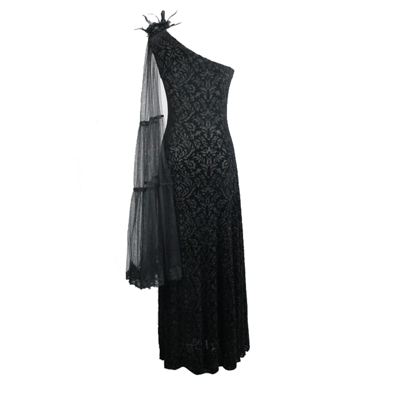 Gothic One Shoulder Sleeve Long Dress / Women's Black Vintage Pattern Dress with Feather on Shoudler - HARD'N'HEAVY