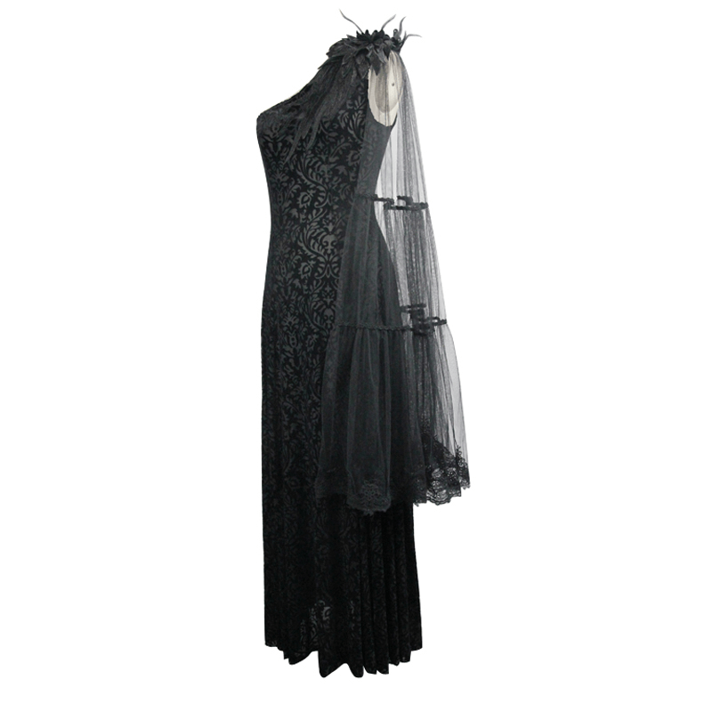 Gothic One Shoulder Sleeve Long Dress / Women's Black Vintage Pattern Dress with Feather on Shoudler - HARD'N'HEAVY