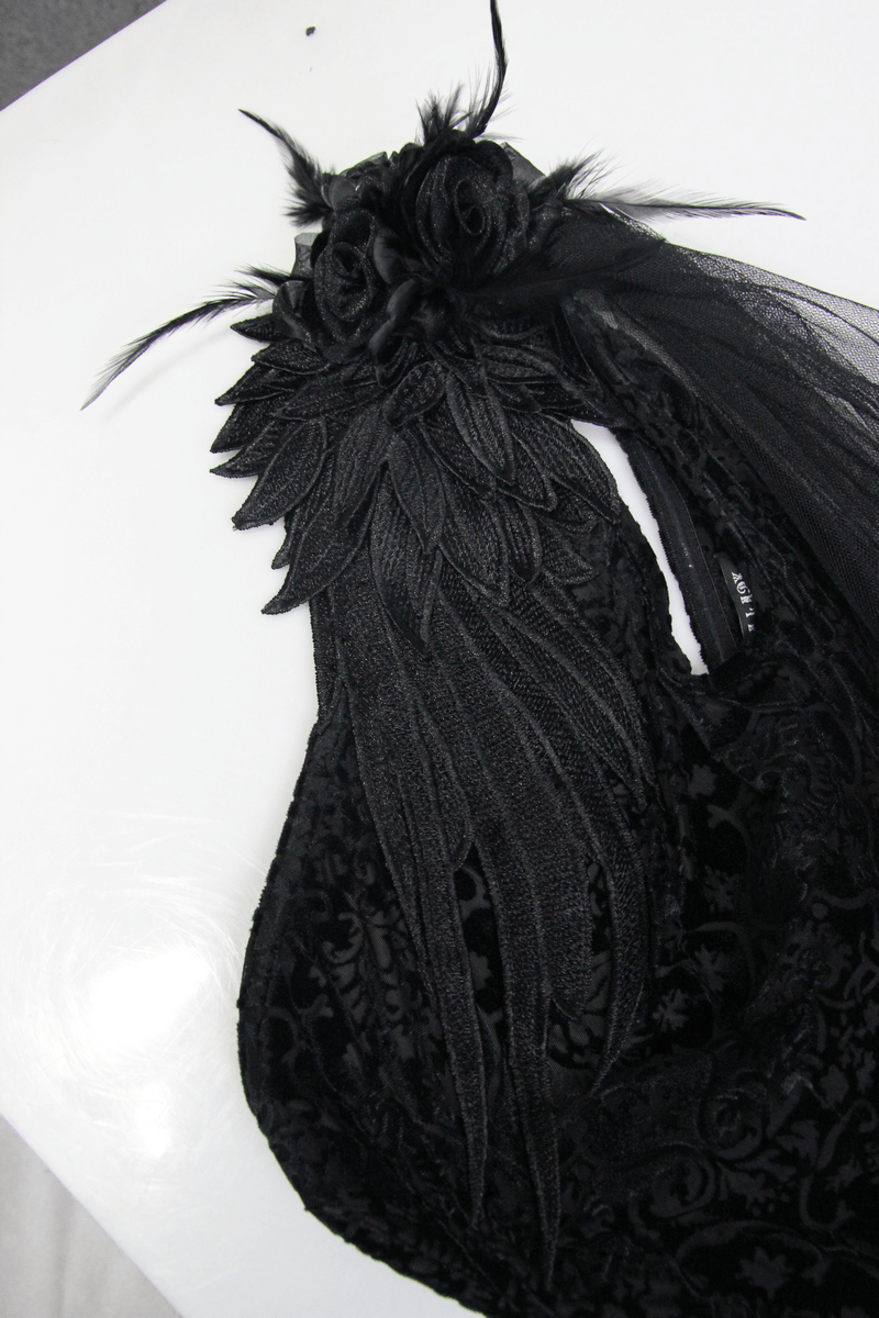 Gothic One Shoulder Sleeve Long Dress / Women's Black Vintage Pattern Dress with Feather on Shoudler - HARD'N'HEAVY