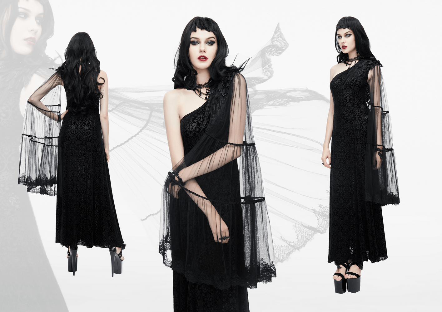 Gothic One Shoulder Sleeve Long Dress / Women's Black Vintage Pattern Dress with Feather on Shoudler - HARD'N'HEAVY