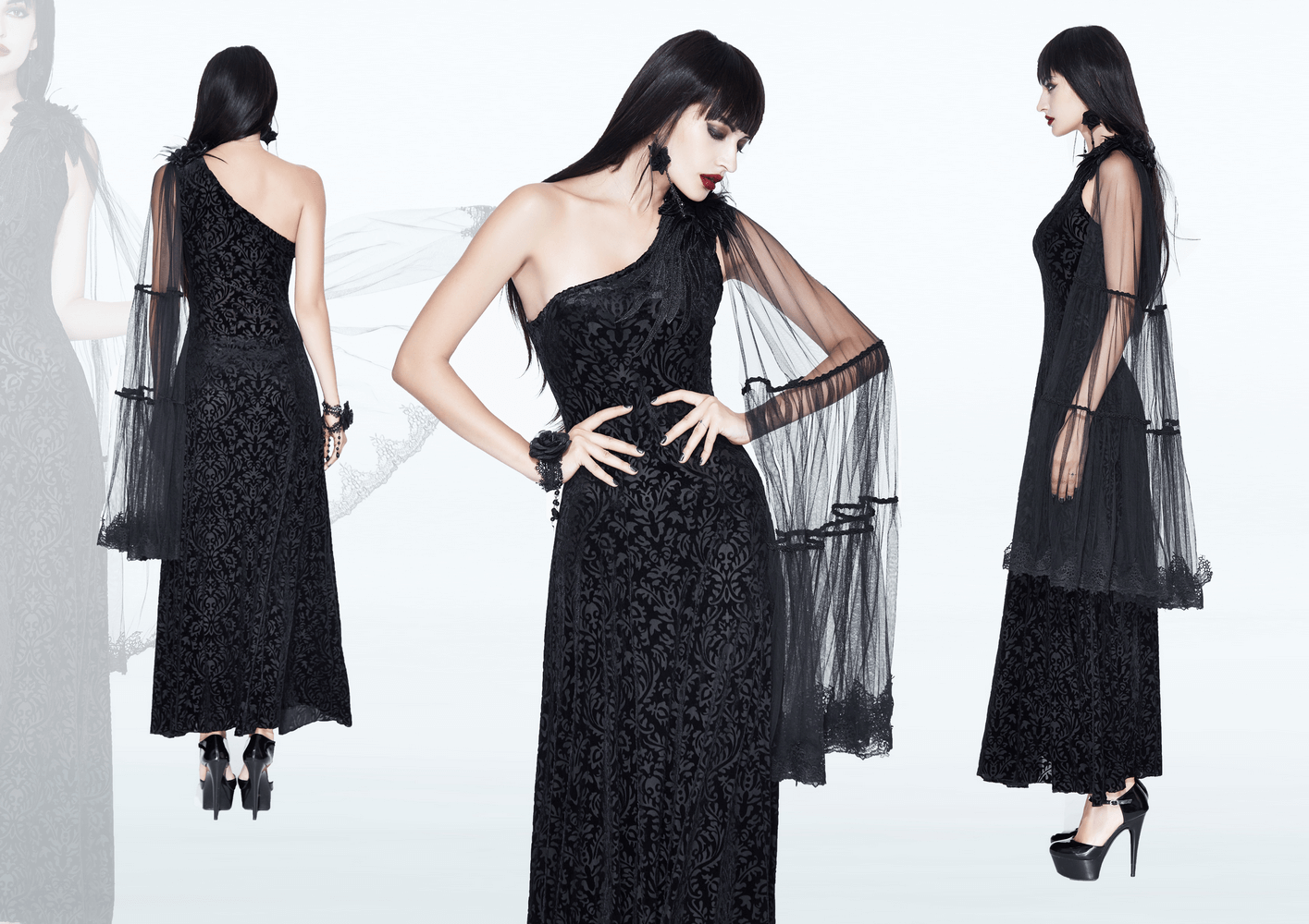 Gothic One Shoulder Sleeve Long Dress / Women's Black Vintage Pattern Dress