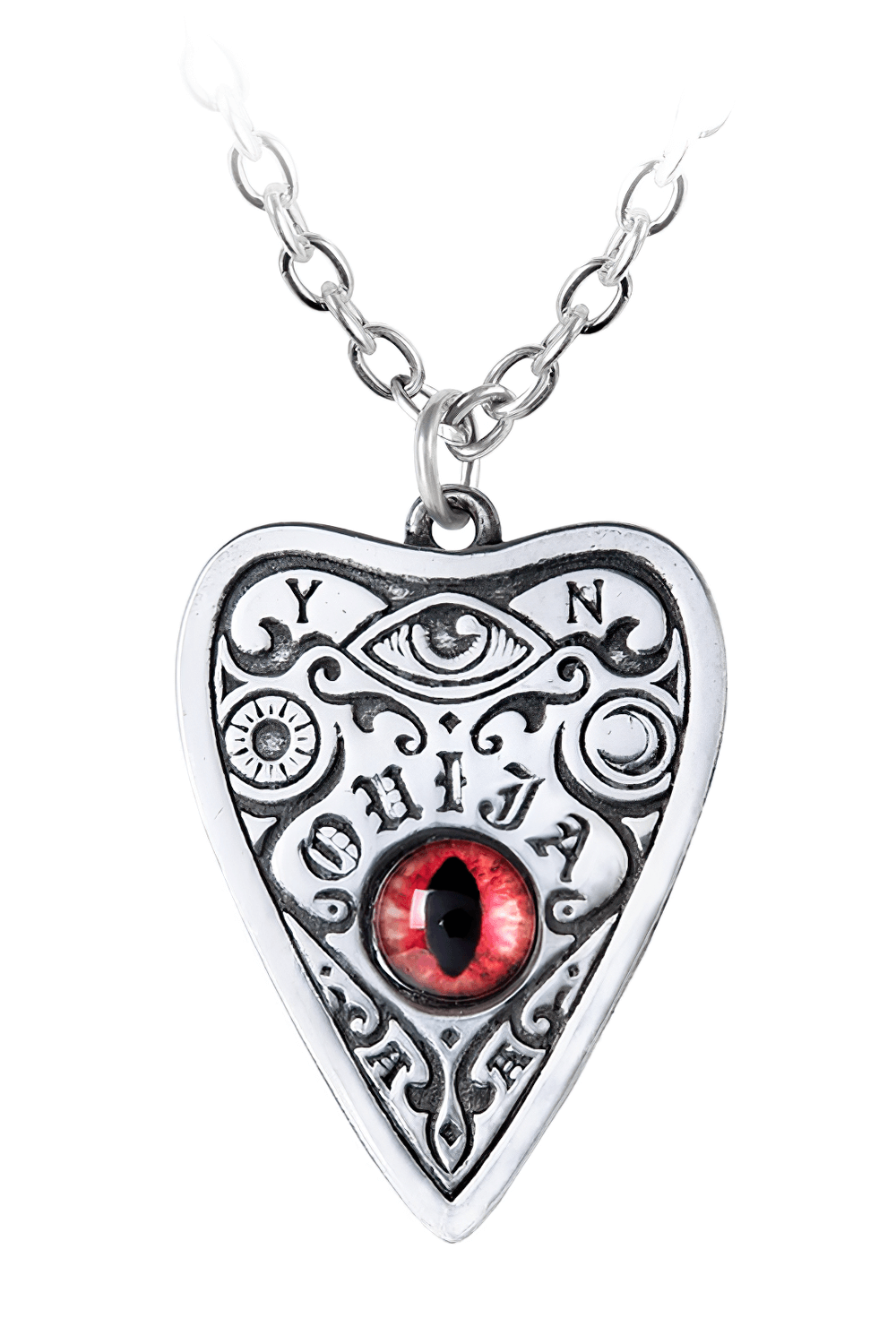 Gothic Ouija planchette pendant with a red cat's eye gem, ideal for mystics and lovers of the supernatural.