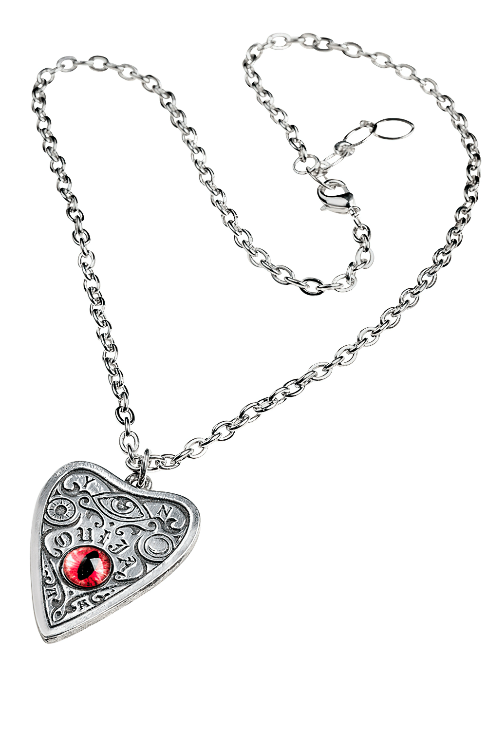 Gothic Ouija planchette pendant necklace with red cat's eye gem, etched with mystic symbols, in pewter.