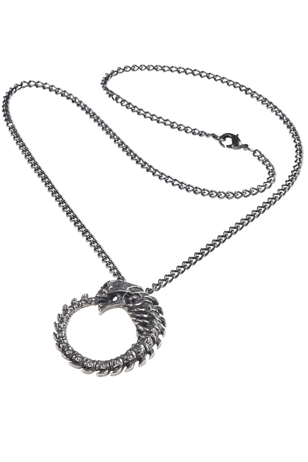 Gothic Ouroboros Skull and Spine Circle Pendant displayed on a dark chain, featuring a serpent design in a circular form.
