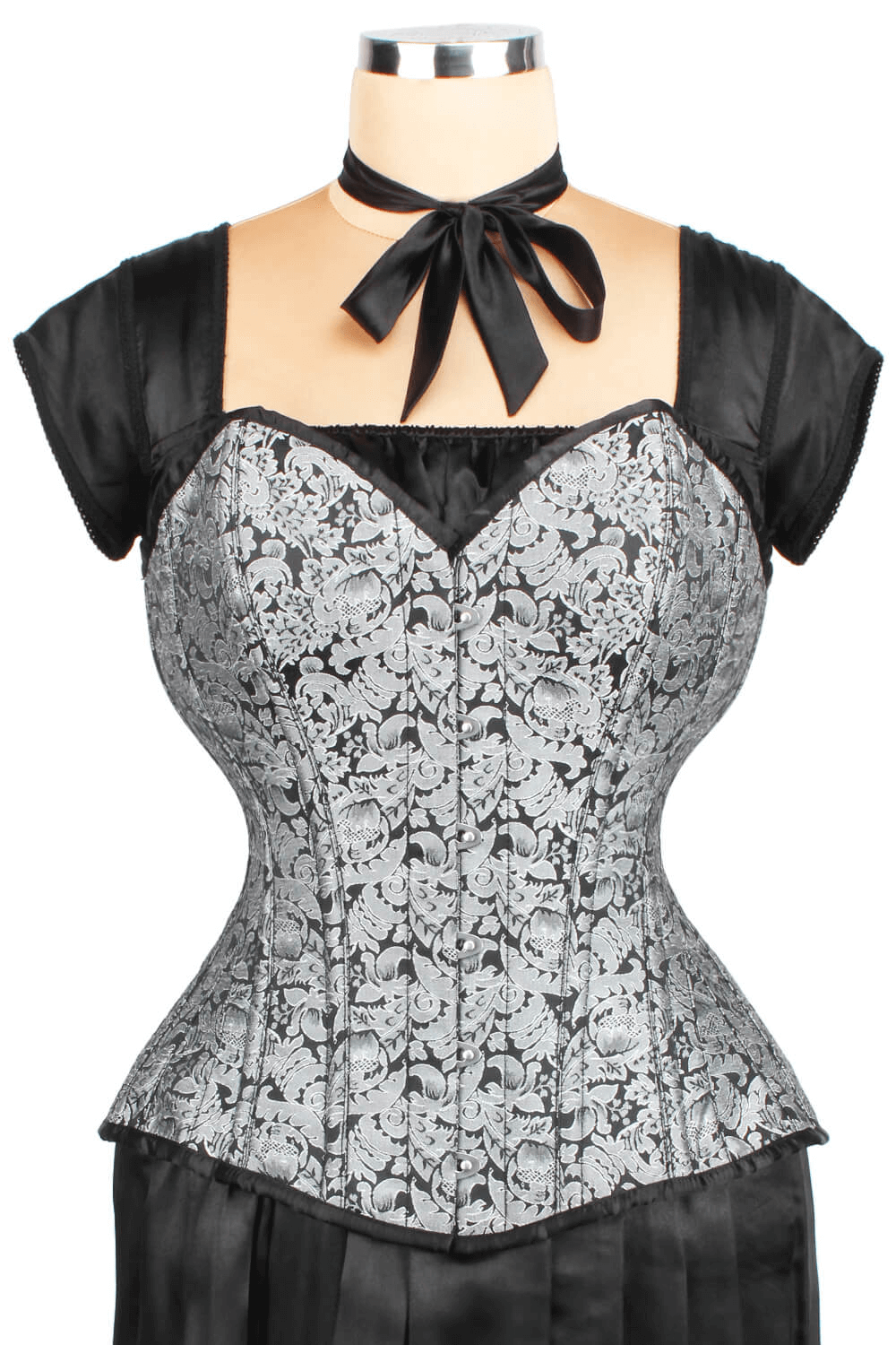 Gothic overbust corset with intricate lace design, perfect for tight lacing and waist training, featuring a flattering silhouette.