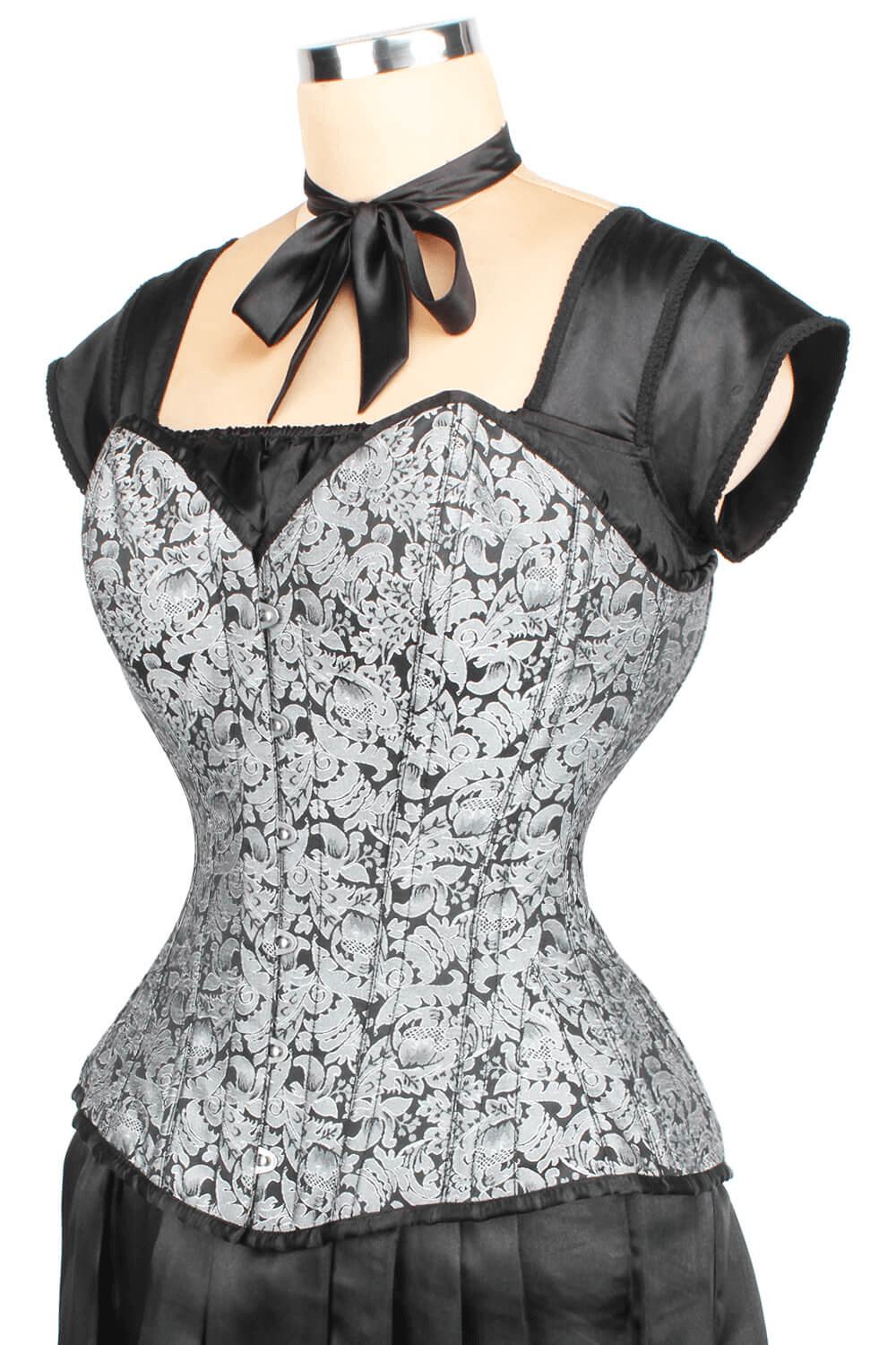 Gothic overbust corset with intricate lace design, perfect for tight lacing and waist training for a striking silhouette.