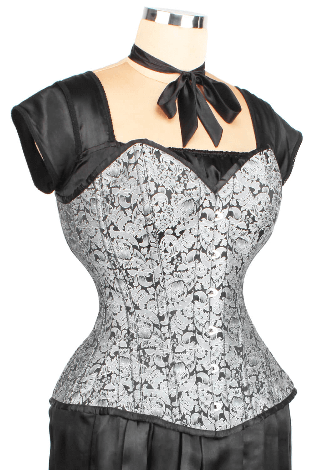 Elegant Gothic overbust corset featuring intricate lace and steel boning for a stunning hourglass silhouette.