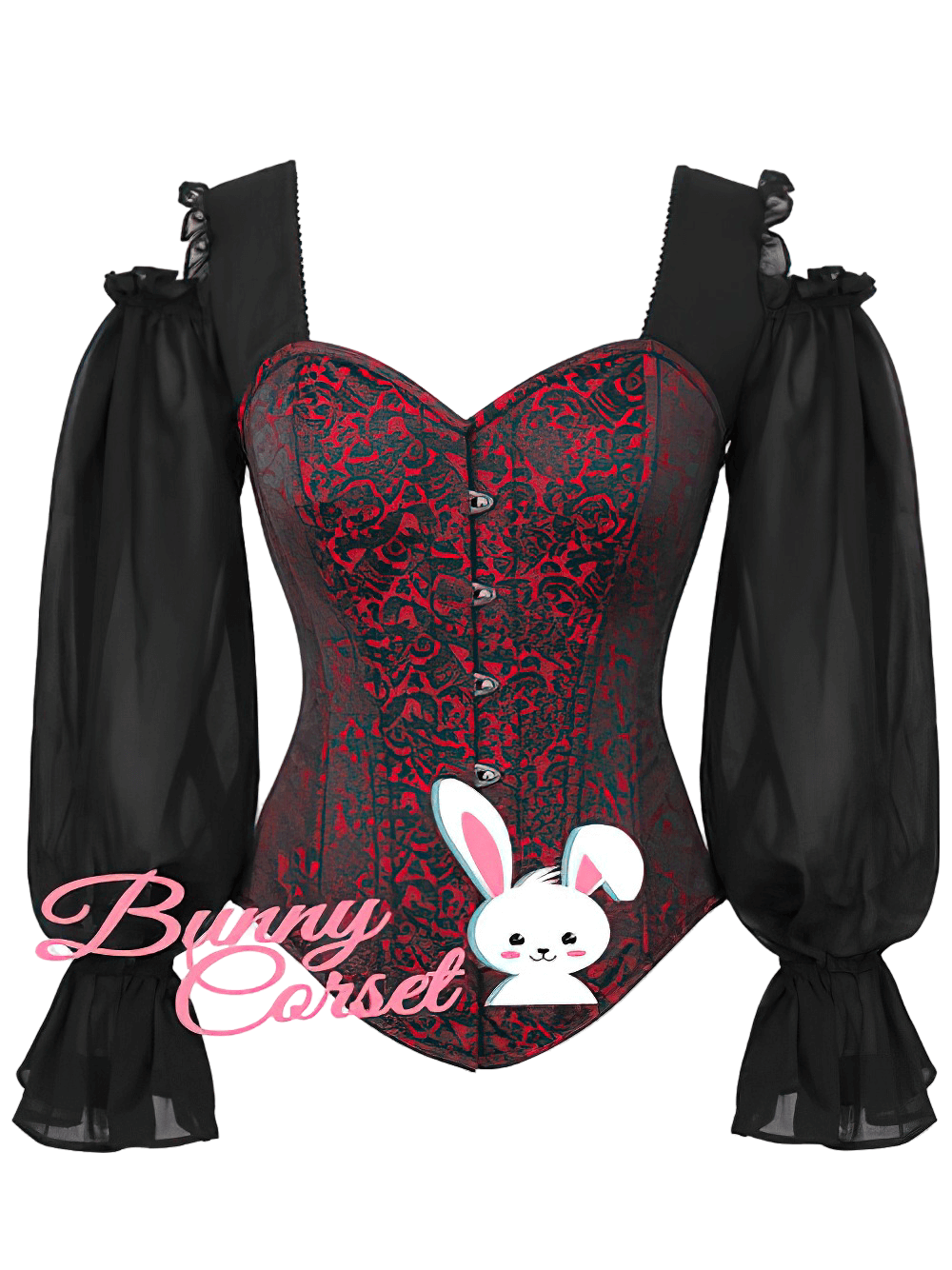 Gothic overbust corset top with cold shoulder sleeves featuring intricate brocade patterns and sheer puff sleeves.