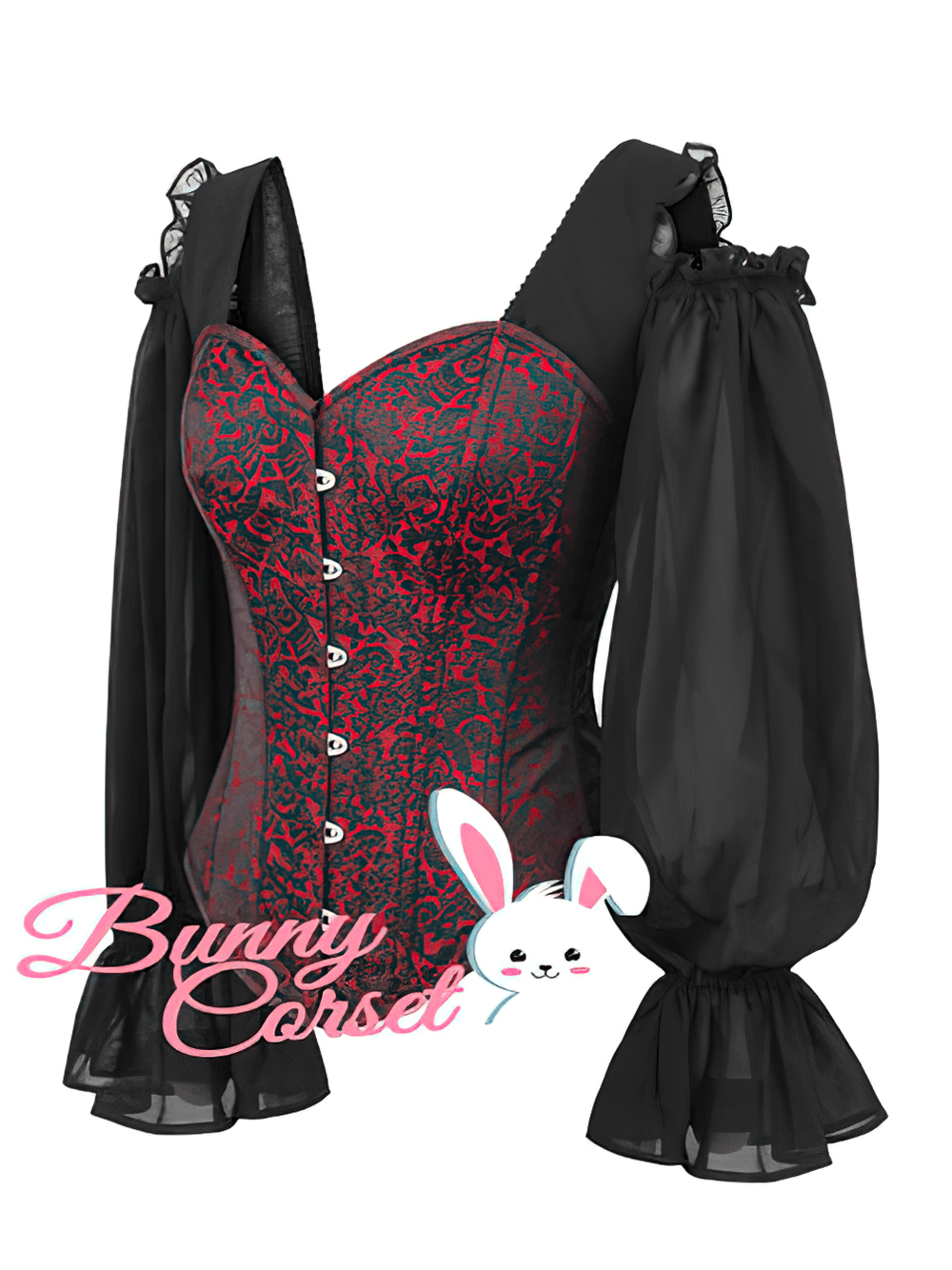 Gothic overbust corset top with cold shoulder sleeves in black and red brocade pattern.