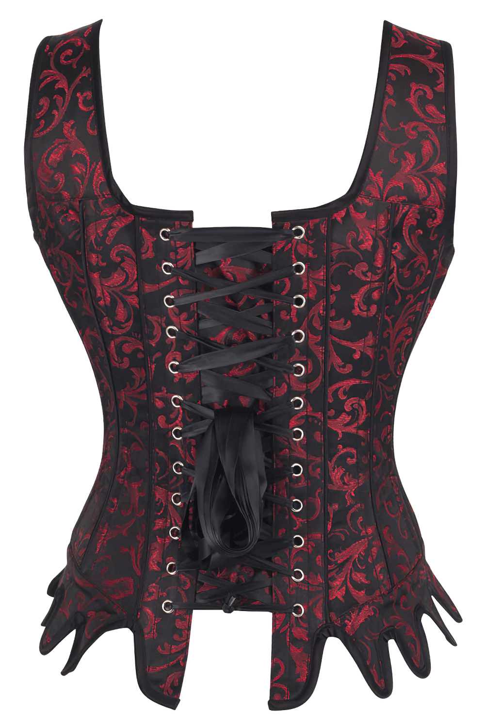 Burgundy brocade overbust corset with lace-up back and delicate shoulder ribbons for a gothic Victorian look.