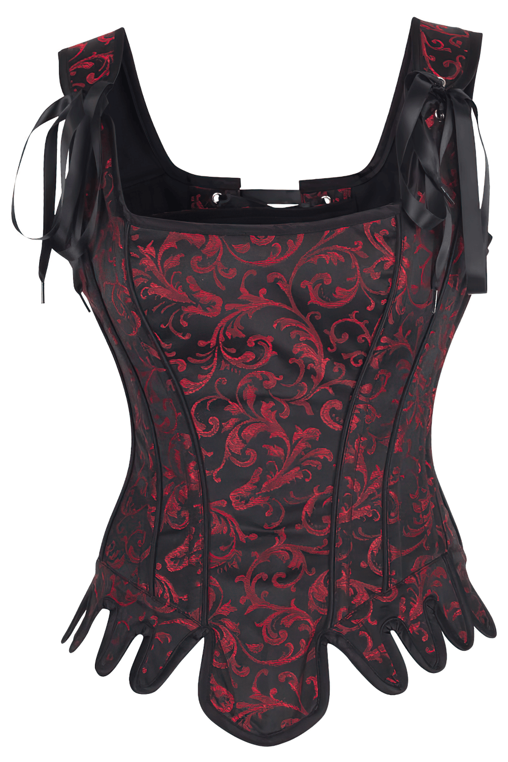 Gothic overbust corset in burgundy brocade with lace-up and shoulder ribbons, showcasing Victorian elegance.