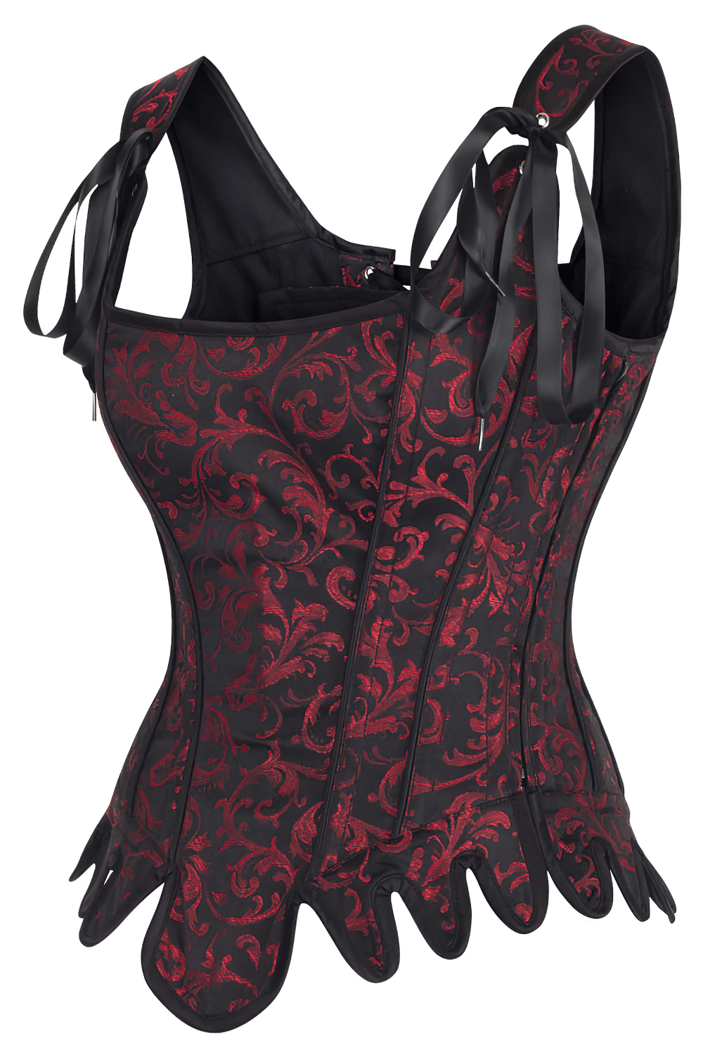 Gothic overbust corset featuring burgundy brocade, lace-up back, and delicate shoulder ribbons for a dramatic silhouette.