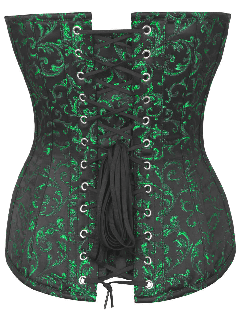 Gothic overbust corset in black and green with front zipper and spiral bones, perfect for a stylish statement.