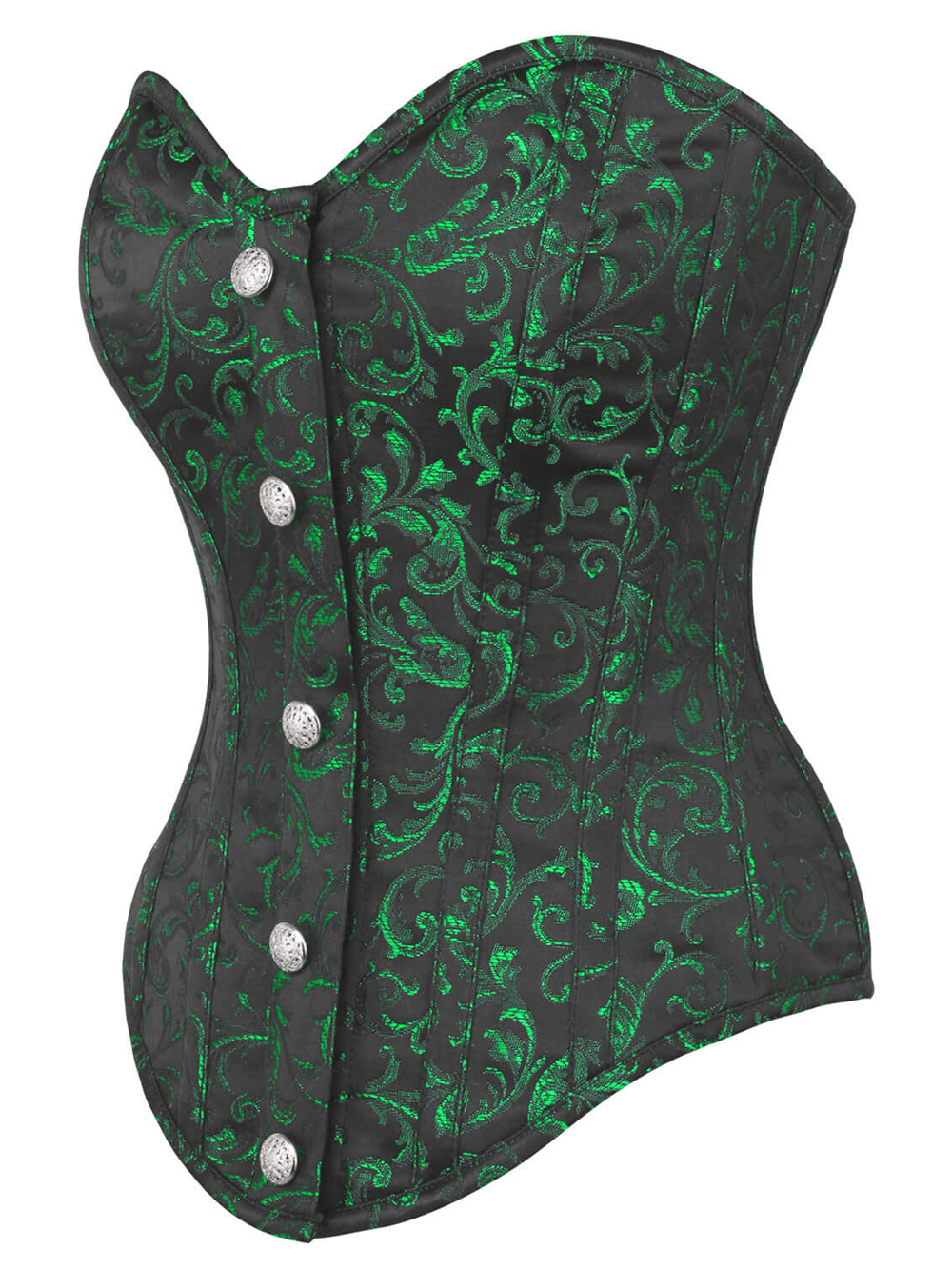 Gothic overbust corset featuring intricate green patterns, front zipper, and spiral bones for shaping and style.