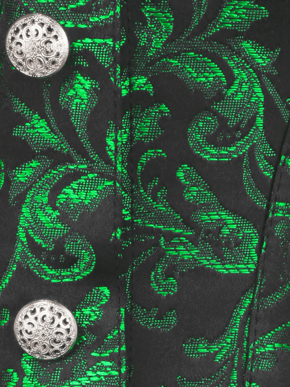 Close-up of Gothic corset detailing with green floral patterns and ornate silver buttons.