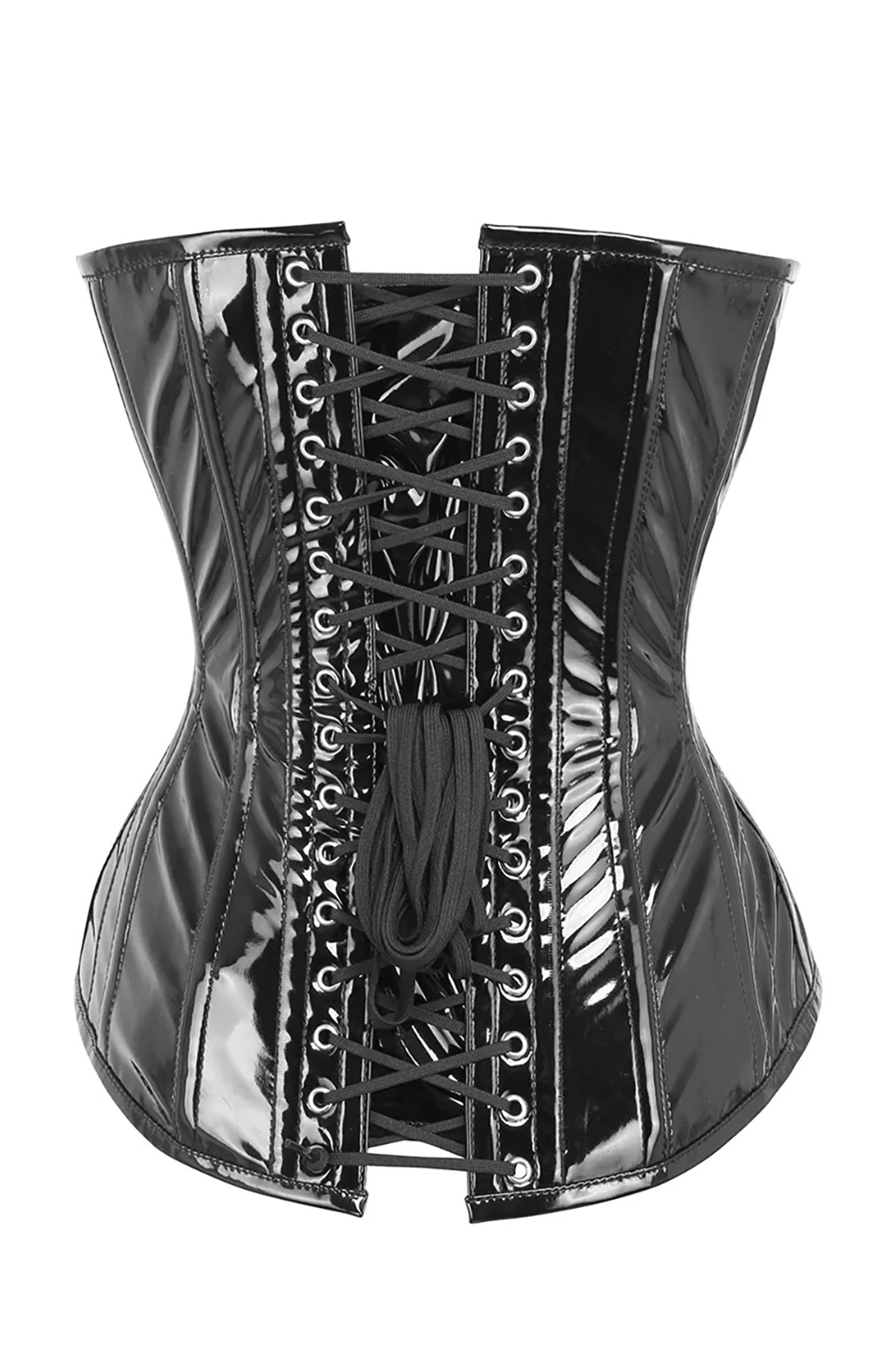Gothic Overbust Corset with Glossy Sculpted Busk Front showcasing sleek lace-up back and reflective finish.