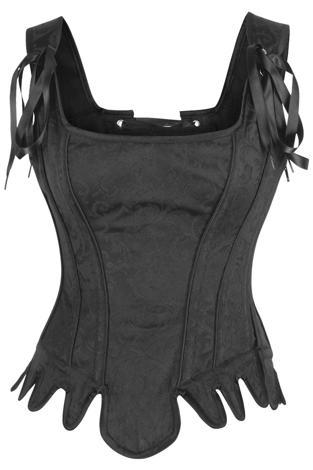 Gothic overbust corset with lace-up back, side zipper, and elegant brocade design for alternative fashion.