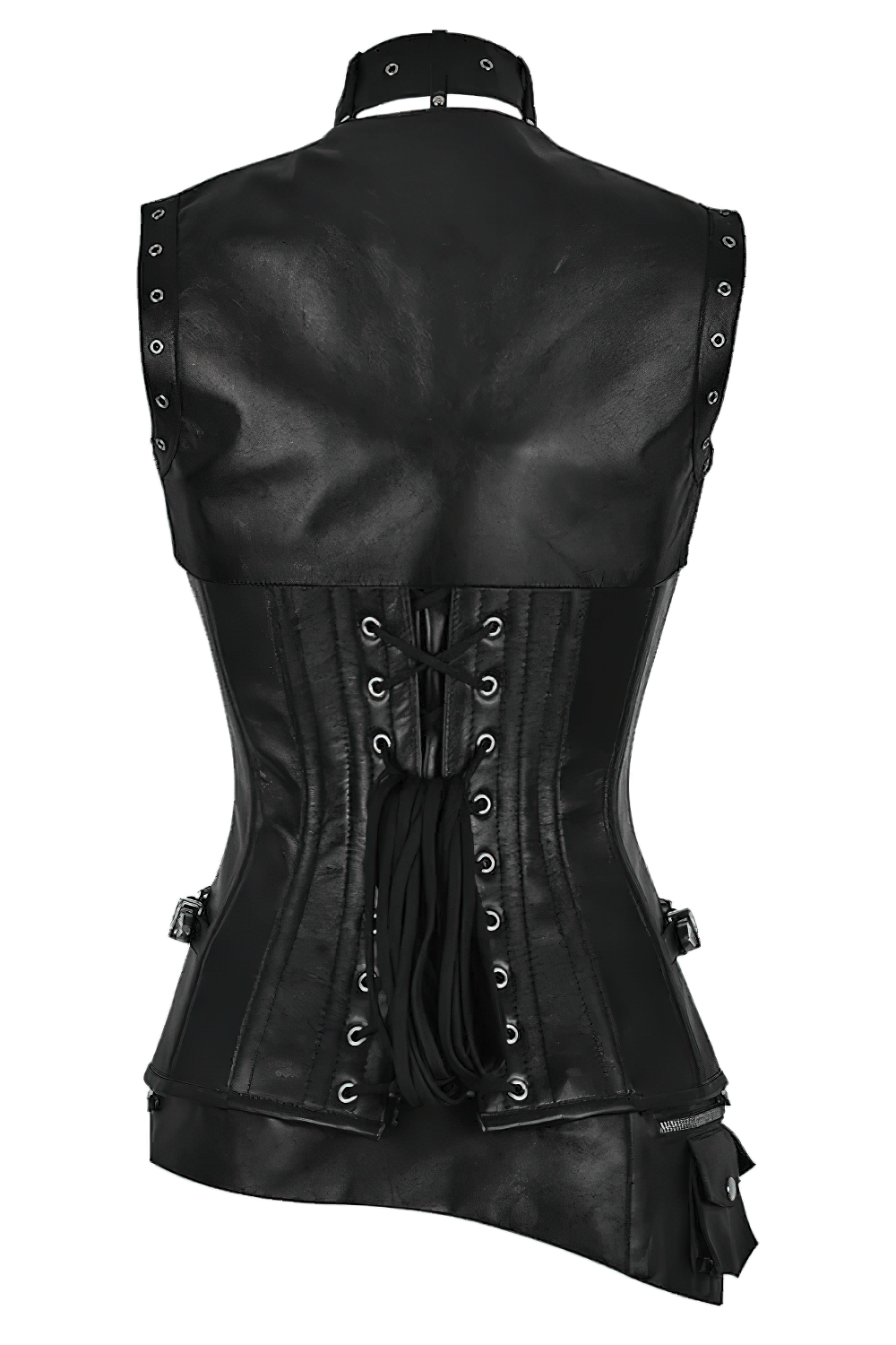 Alt Tag: Back view Gothic Overbust Corset With Metal Clasp Detail black steampunk overbust corset with lace-up back, steel boning & belt pouch