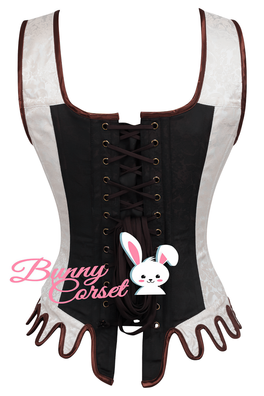 Gothic overbust corset with steel boning, featuring adjustable lacing and elegant brocade design.