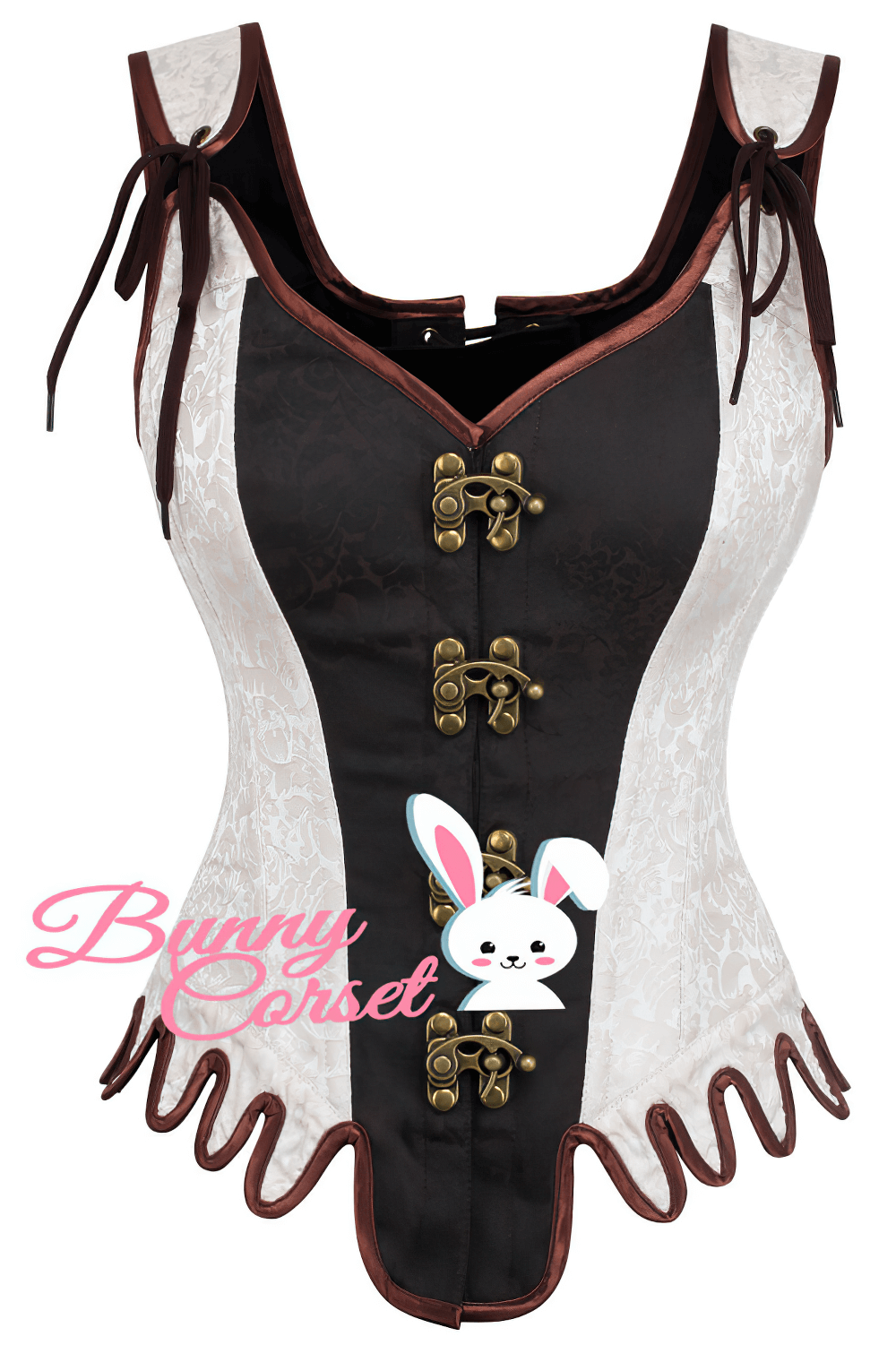 Gothic overbust corset with steel boning, brocade patterns, and clasp closure for elegant waist shaping.