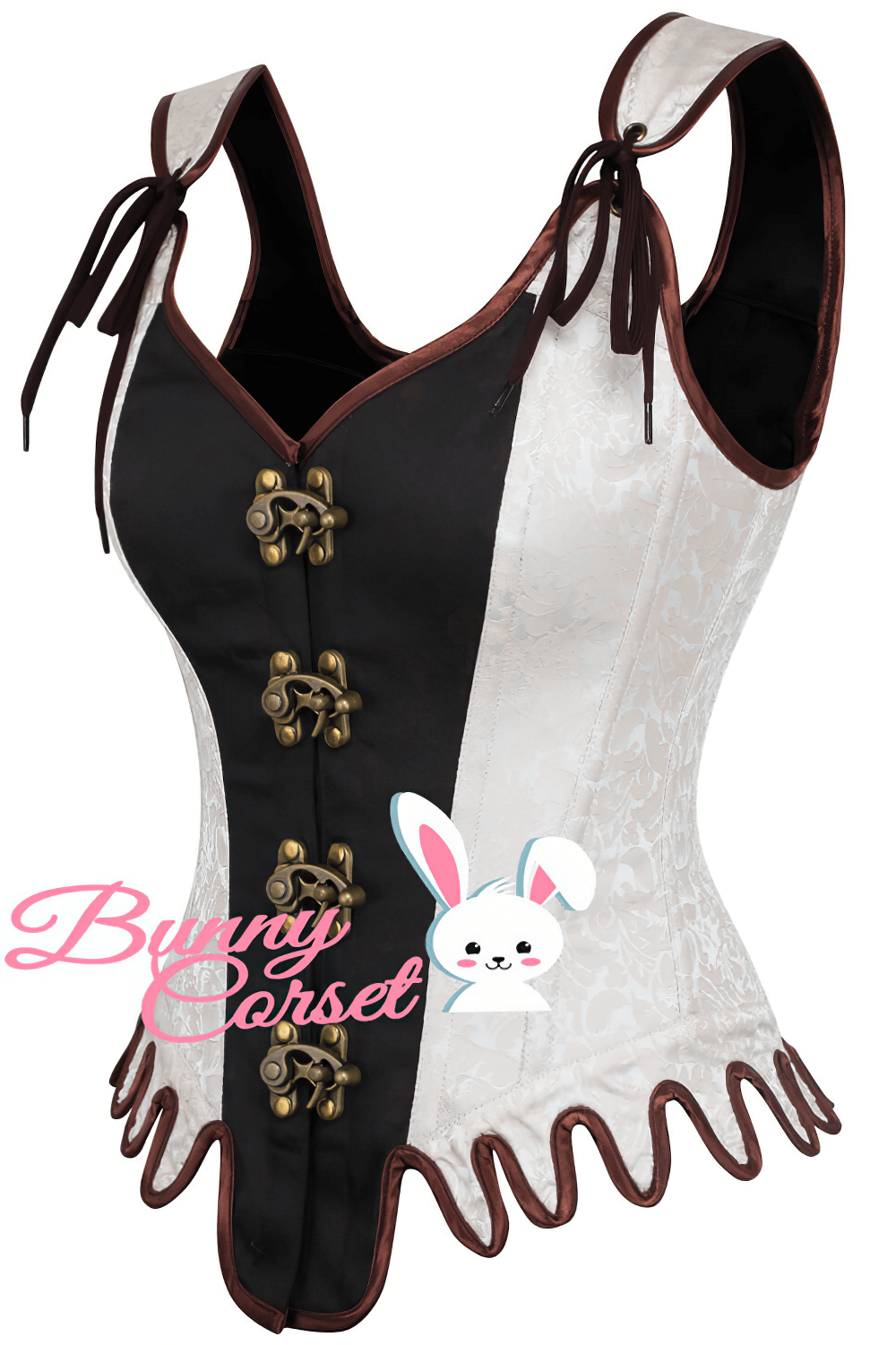 Gothic overbust corset with steel boning, black and white design, and ornate clasp closures for vintage elegance.