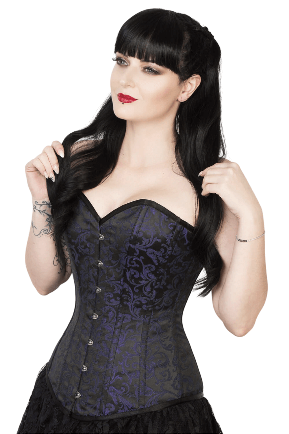 Gothic overbust corset in brocade with steel boning, perfect for a structured silhouette and stylish gothic look.