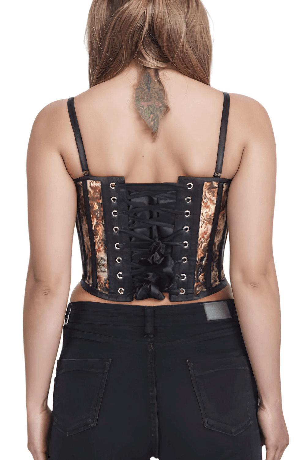 Back view of a Gothic overbust mesh corset with lacing, showcasing elegant design and adjustable fit.