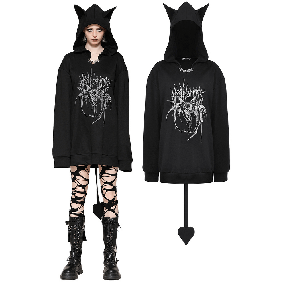 Gothic oversized black hoodie with cat ears, devil tail, and bold graphic design for edgy streetwear style.