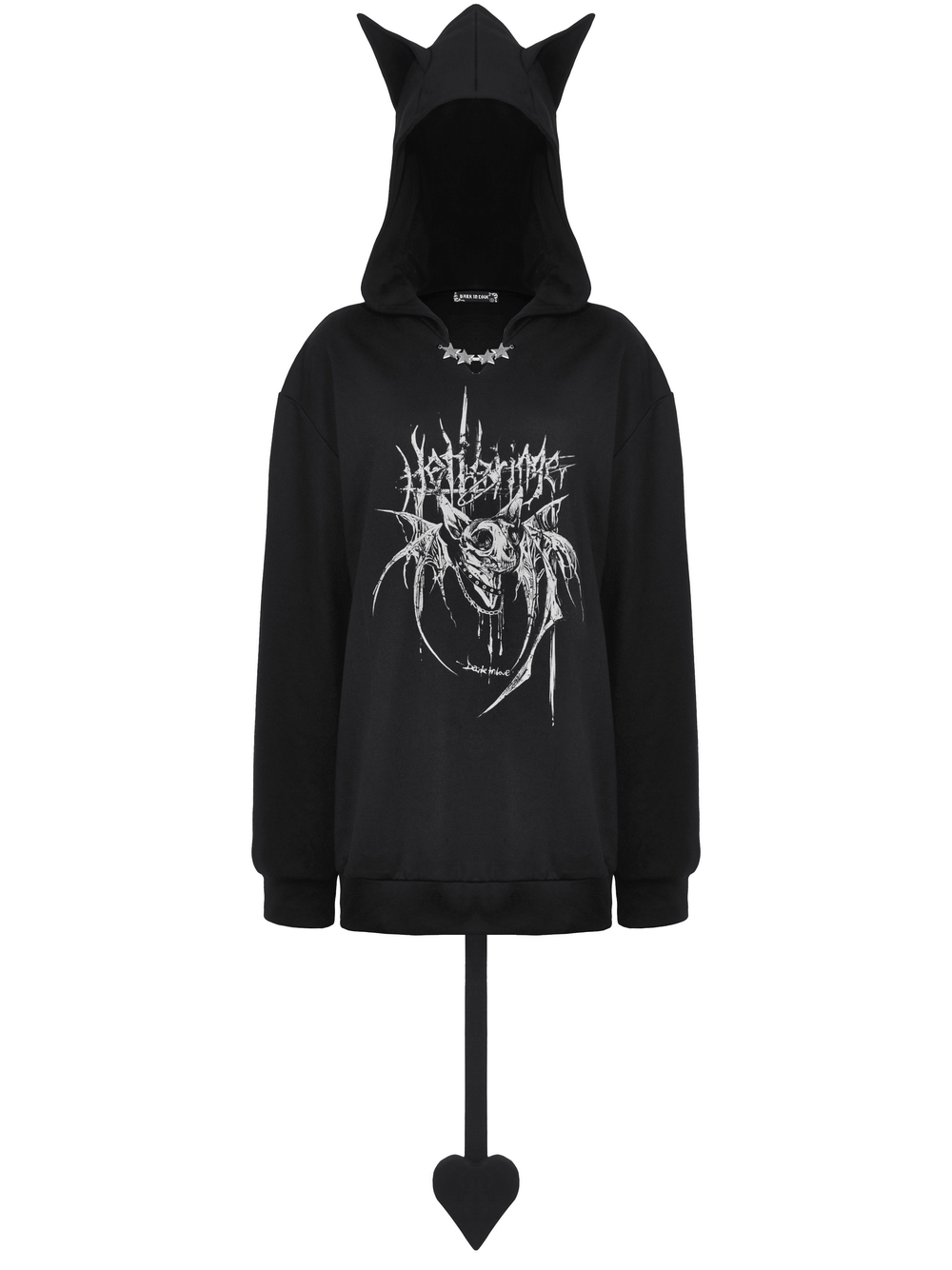 Gothic oversized black hoodie with cat ears and a heart-shaped devil tail, featuring bold graphic print.