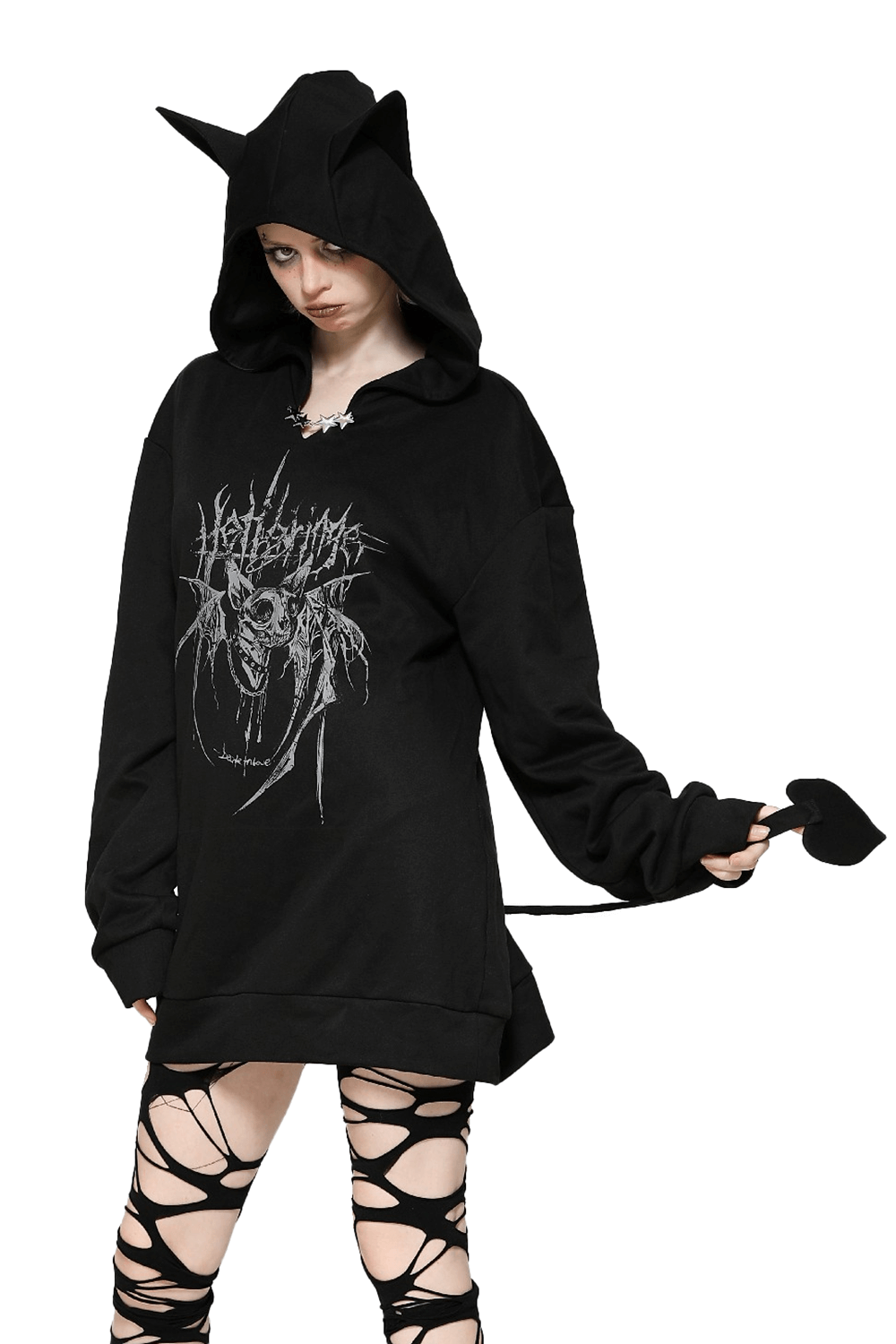 Gothic oversized hoodie with cat ears and devil tail, perfect for streetwear, featuring a bold graphic print.