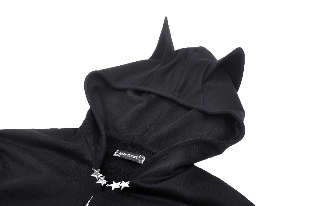 Black gothic oversized hoodie with cat ears, featuring star necklace and devilish style. Perfect for edgy streetwear!